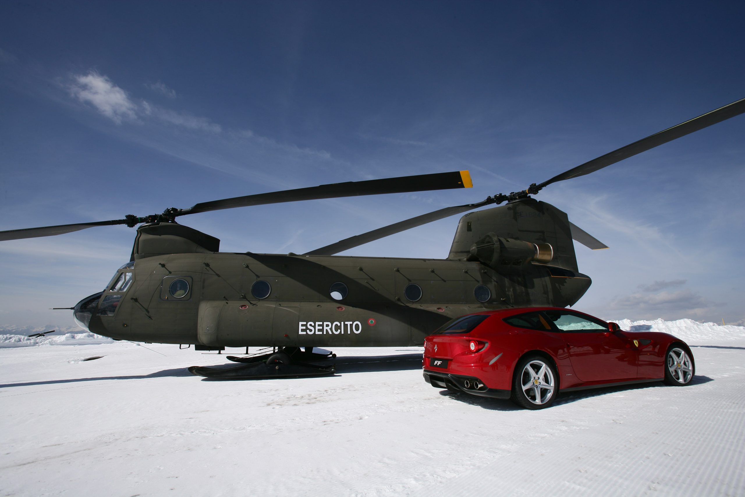 Ferrari FF receives a helicopter lift in Dolomites