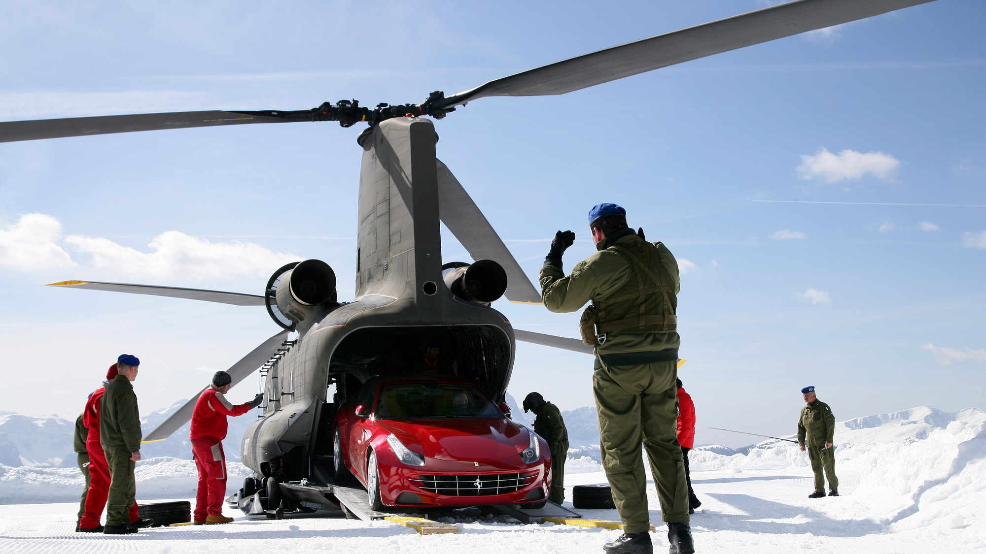 Ferrari FF receives a helicopter lift in Dolomites