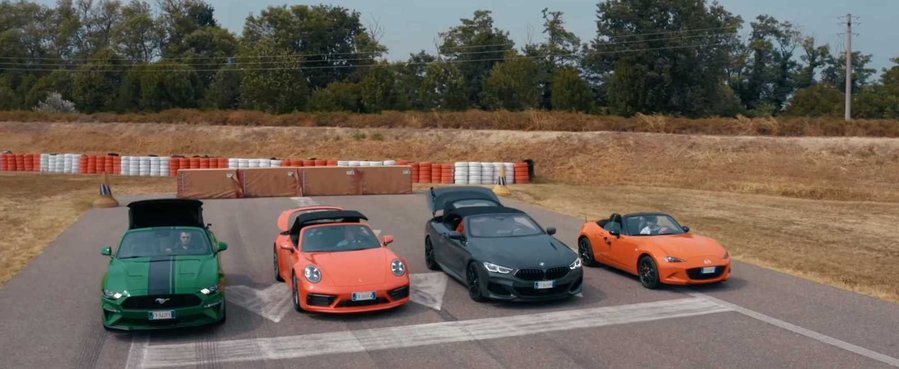 Mustang and Miata Battle 911, 8 Series in Weird Convertible Drag Race