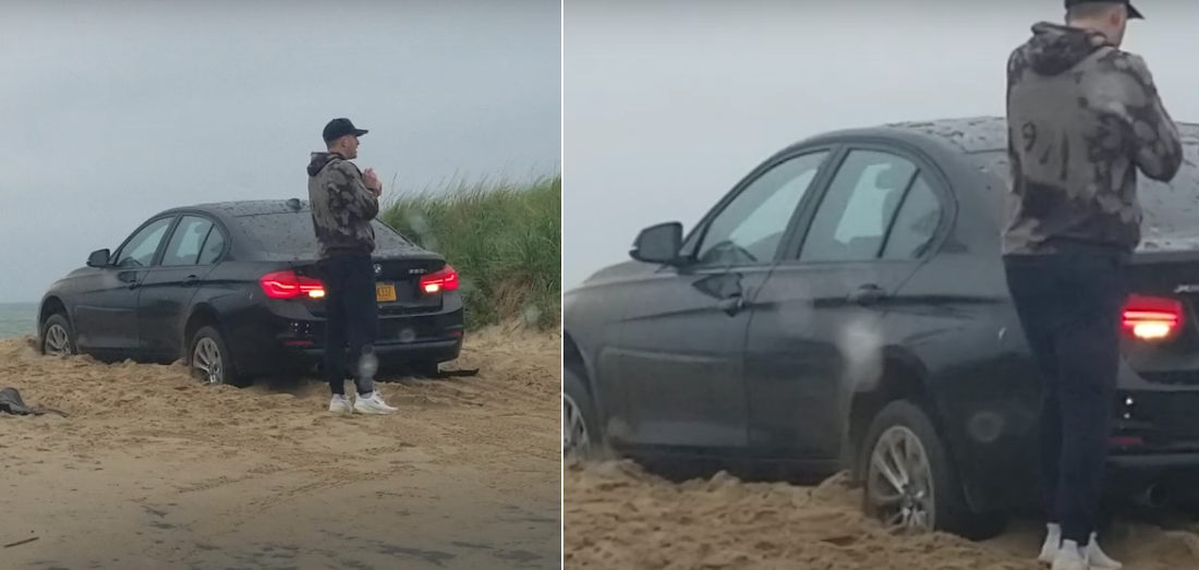 Guy locks himself out of a stuck BMW on the beach while his car is in reverse