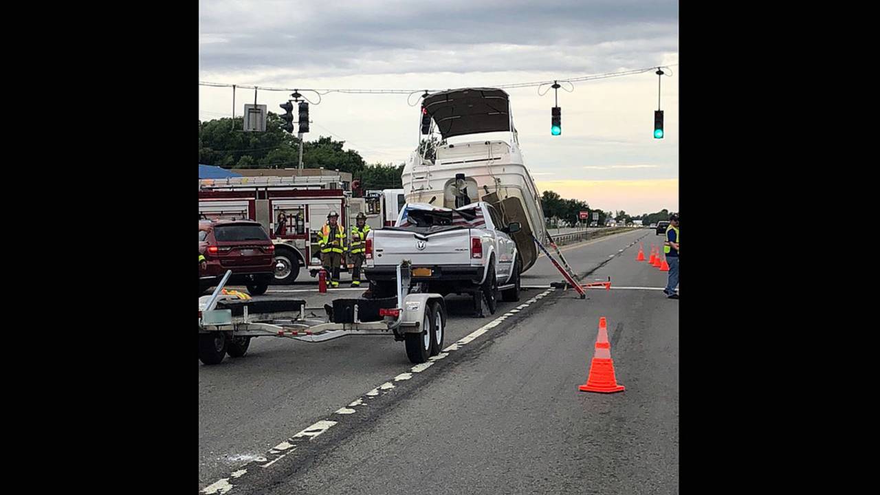 Boat is smashed into truck that was towing it