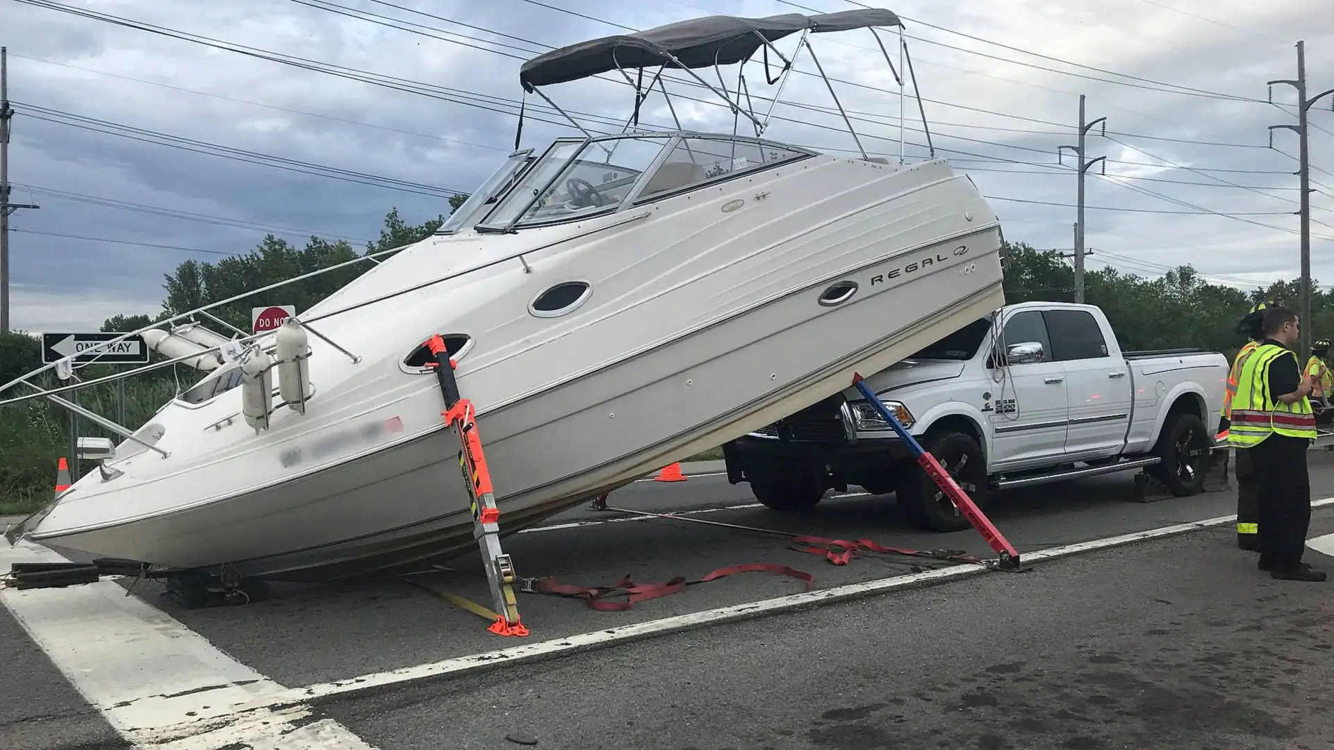 Boat is smashed into truck that was towing it