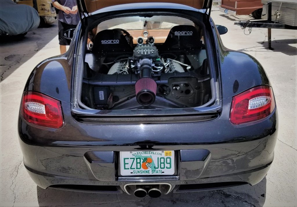 This Porsche Cayman had its engine swapped for a Mustang Coyote V8