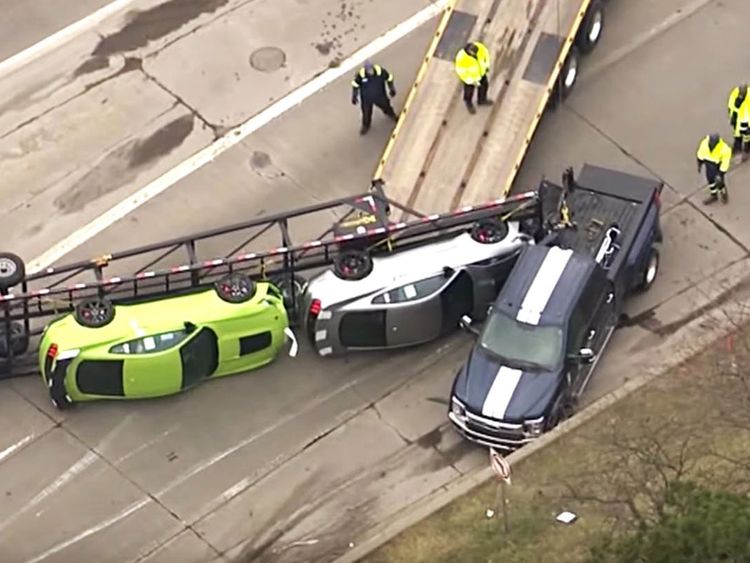 Pickup Truck Pulling Two Shelby GT500s Crash on Detroit Highway