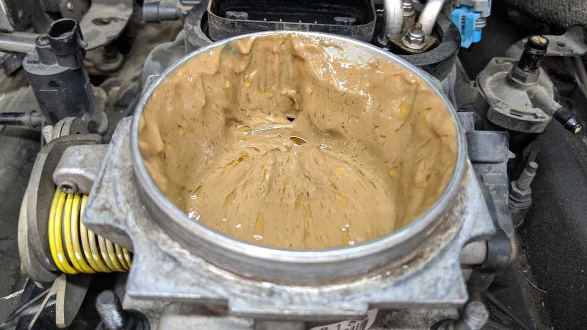 As peanut butter, watch the oil pour out of this engine.