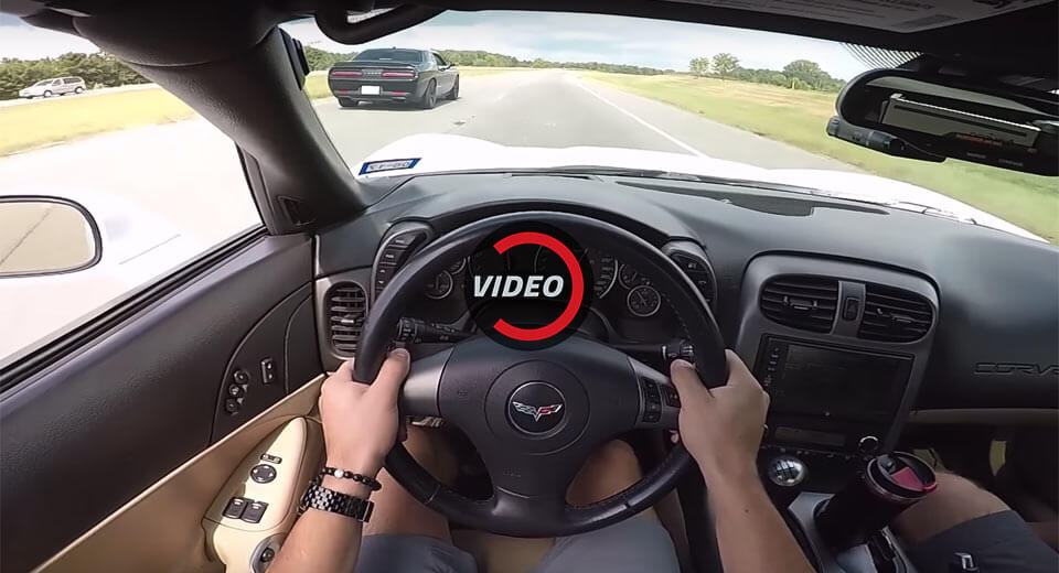 Older Guy In Challenger Hellcat Surprises Corvette By Street Racing