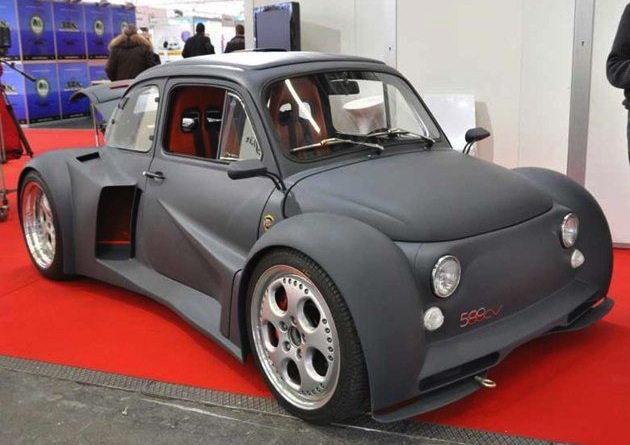 Lamborghini V12 engine powers Fiat 500, a heavily modified car.