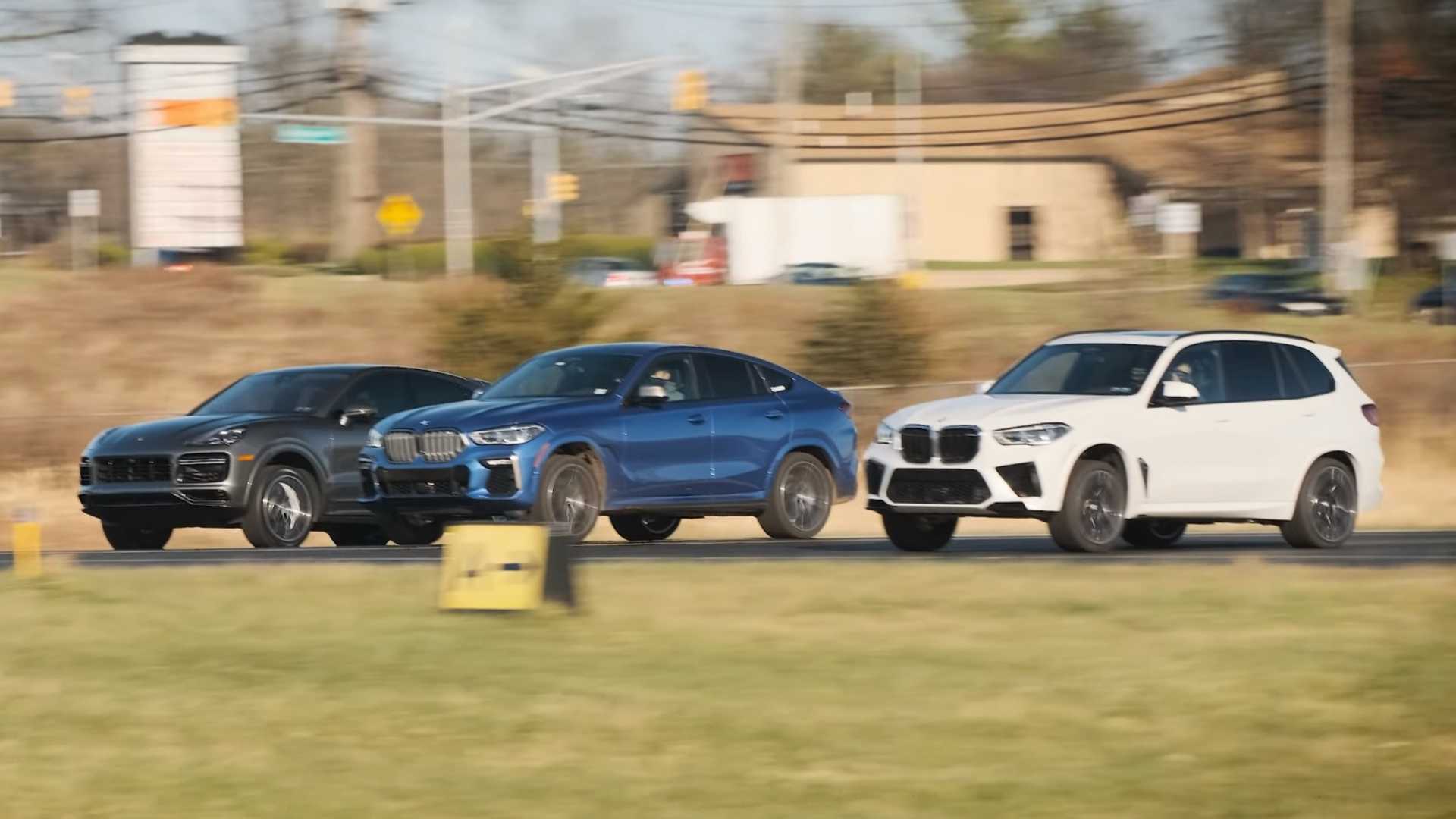 Watch BMW X5 M, X6 M50 Drag Race Cayenne Turbo Coupe