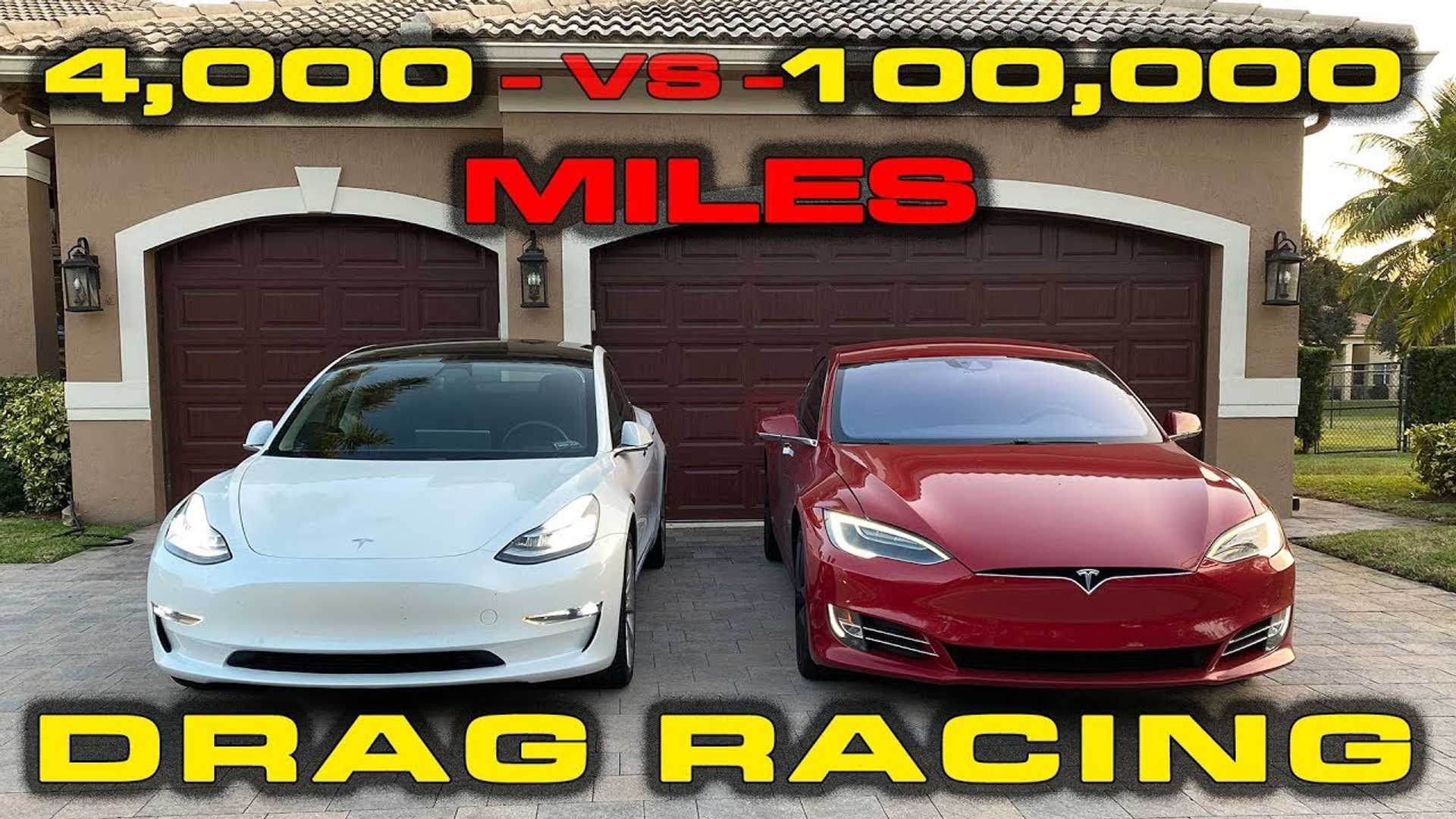 Tesla Model S P100D with 96K miles Drag Races Model 3 Performance