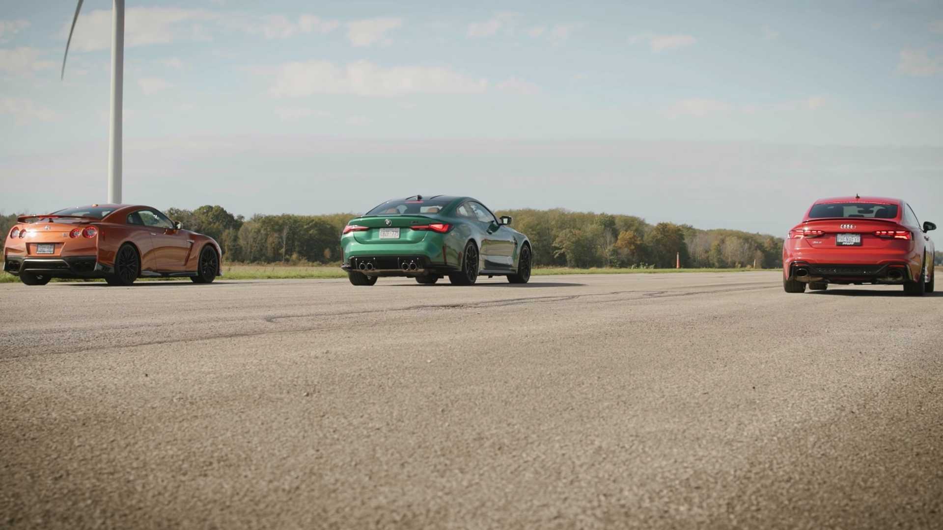 Drag Race: Nissan GT-R vs Audi RS5 and BMW M4 xDrive