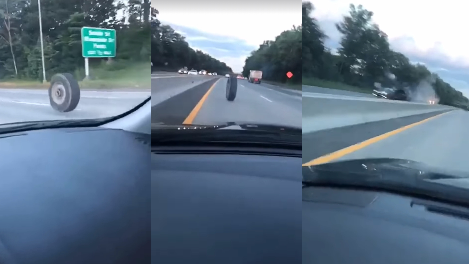 Watch Dump Truck Tires Roll Down Highway, Jump Median And Destroy A Jeep