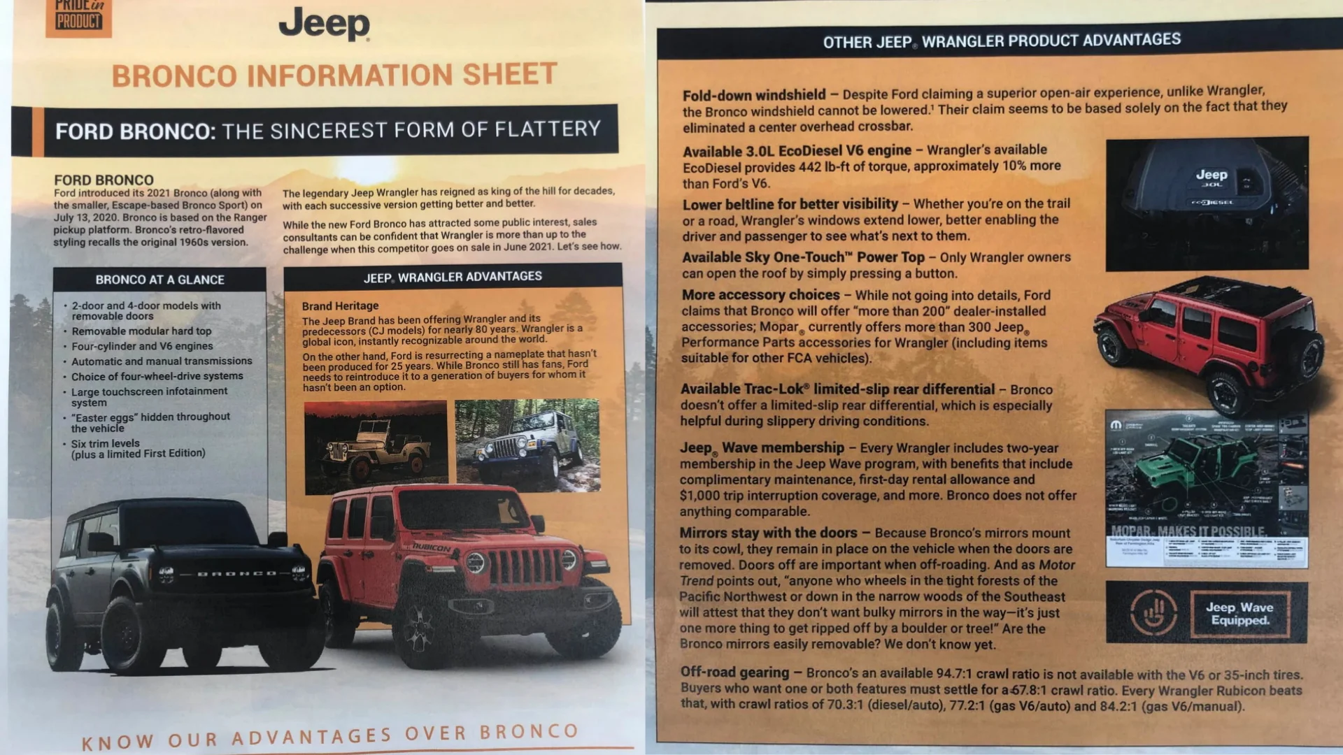 Jeep's Cheat sheet for Proving Wrangler Beats Bronco