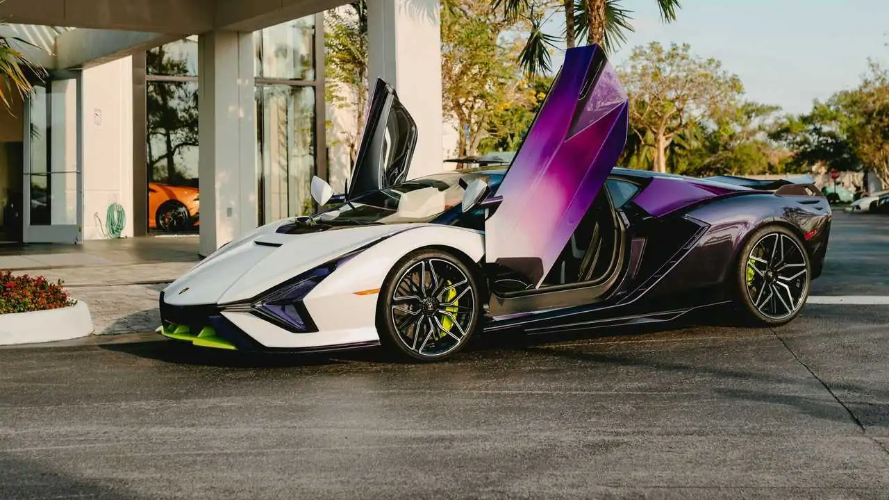 Lamborghini Sian Lands in Florida with Vibrant Purple Body and Green Trim