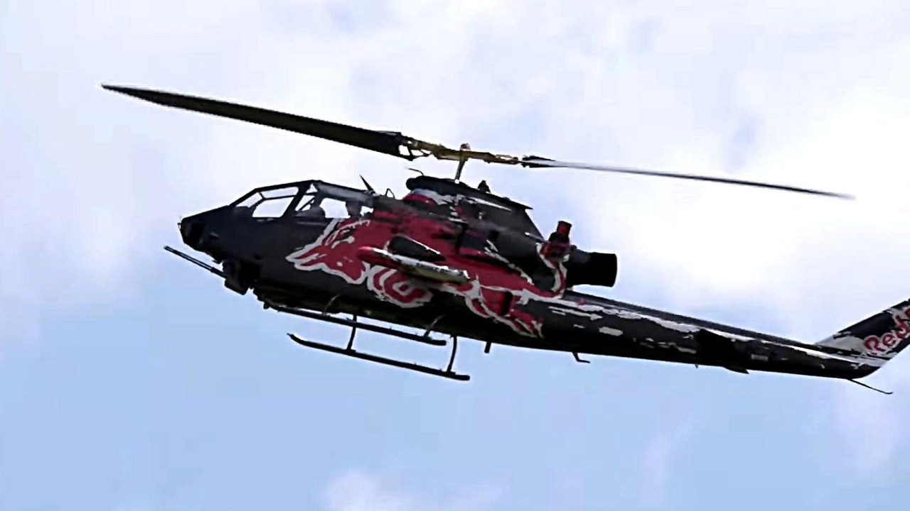 Red Bull Cobra Helicopter Slashes an Airport Building with Blades