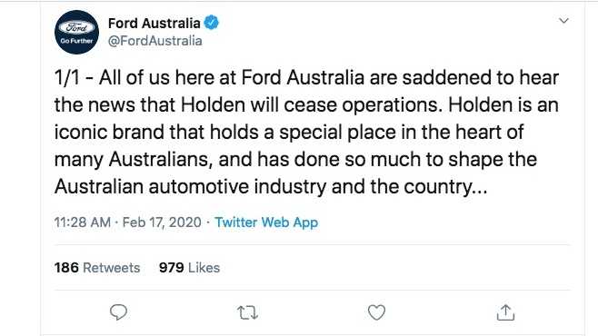 Ford Pays Respects To 'Iconic' Holden After Closure Announcement