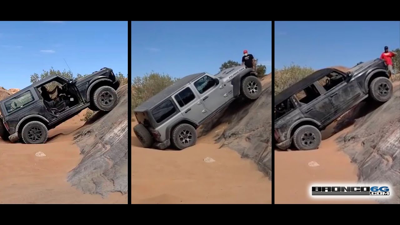 For a direct comparison, see Ford Bronco and Jeep Wrangler climbing rocks