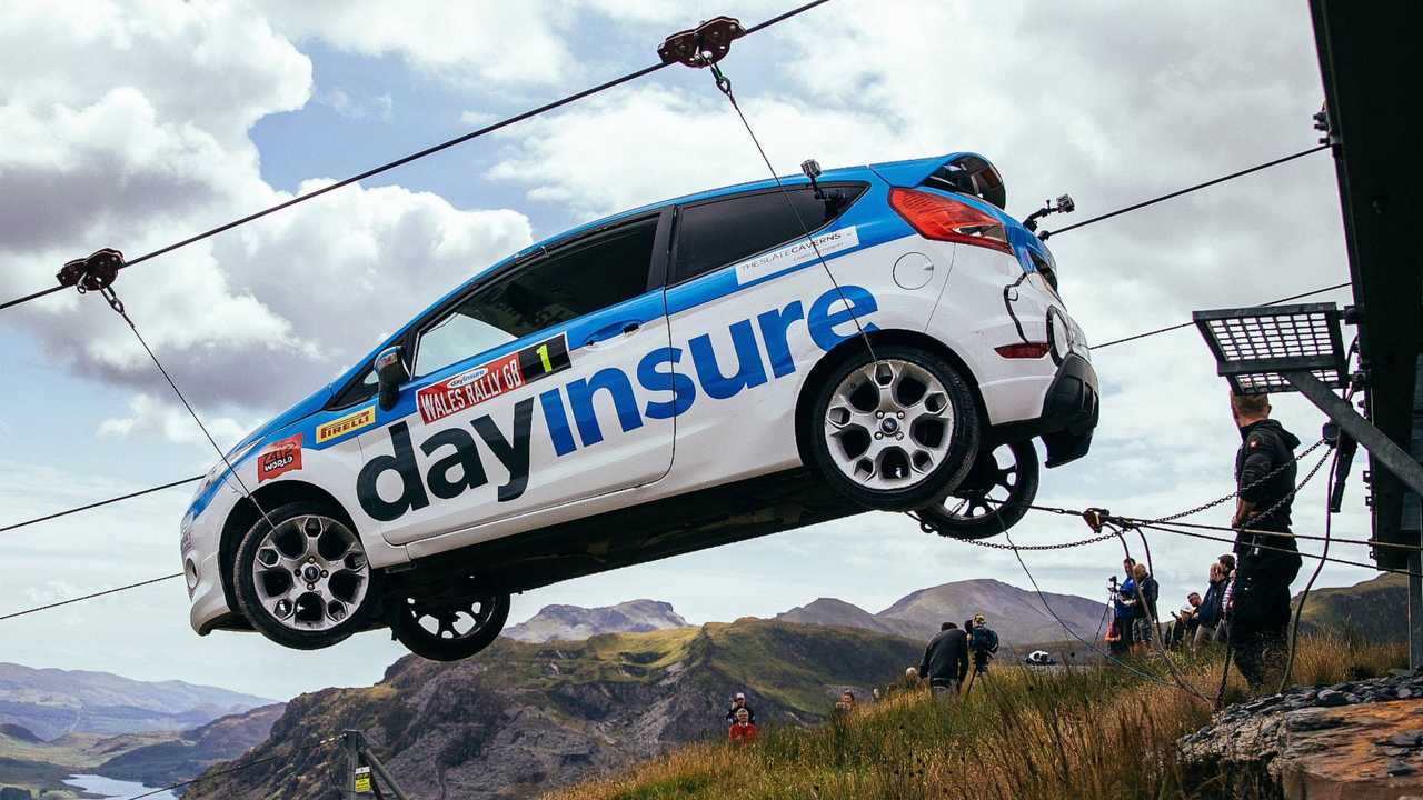 Ford Fiesta Rally Car Hurtles Down A Zip Line in Wales