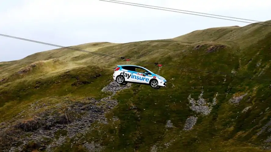 Ford Fiesta Rally Car Hurtles Down A Zip Line in Wales