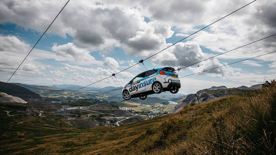 Ford Fiesta Rally Car Hurtles Down A Zip Line in Wales