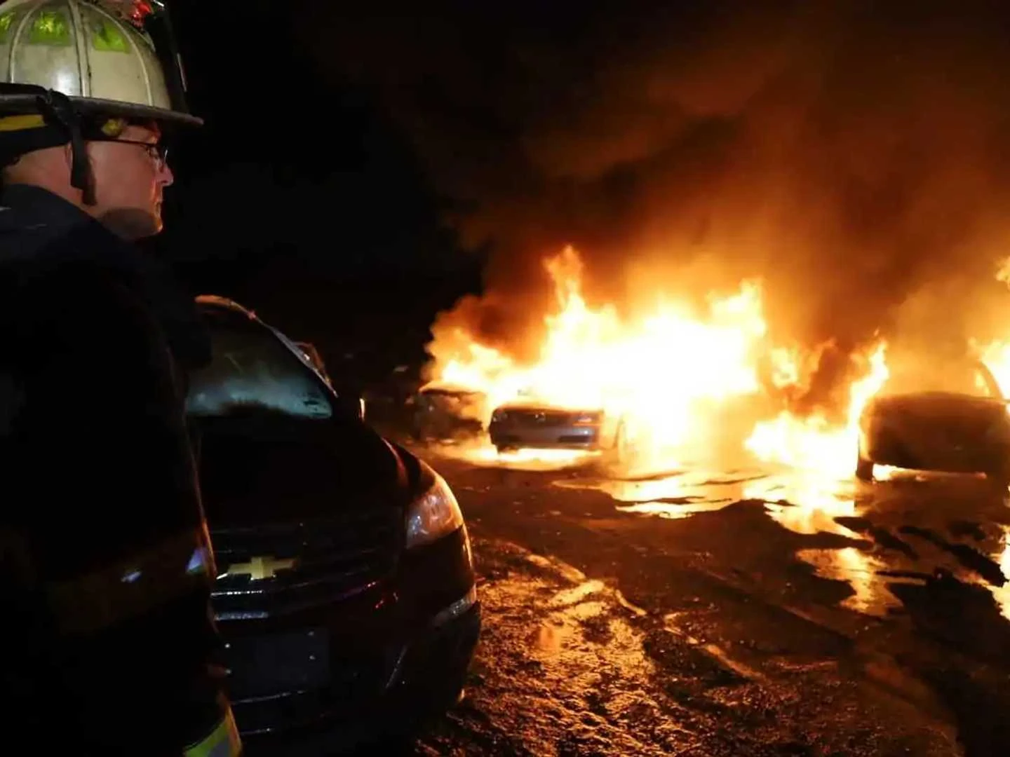 Unsettling Images Show Blazing 40 Car Fire at Night