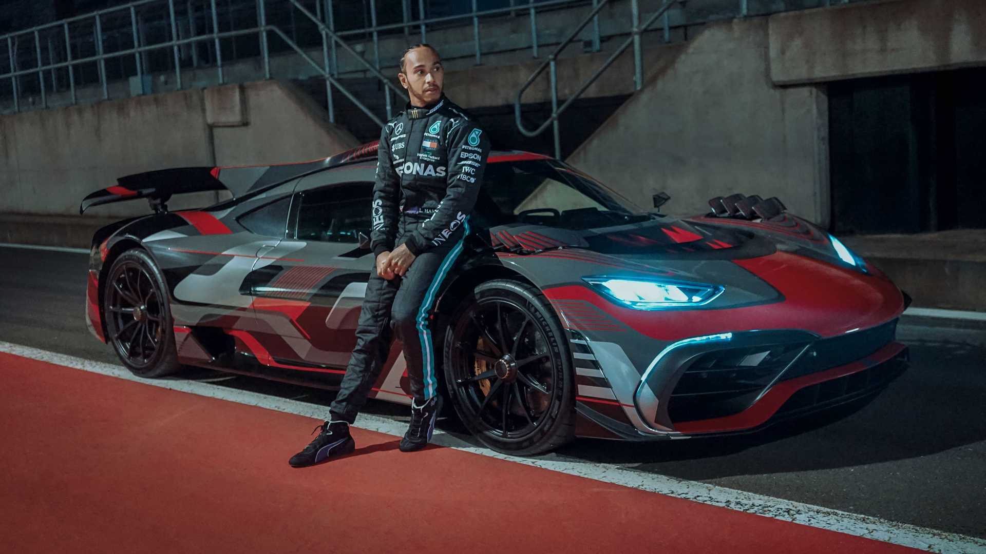 After work, Lewis Hamilton drives a Mercedes-AMG One Hypercar.