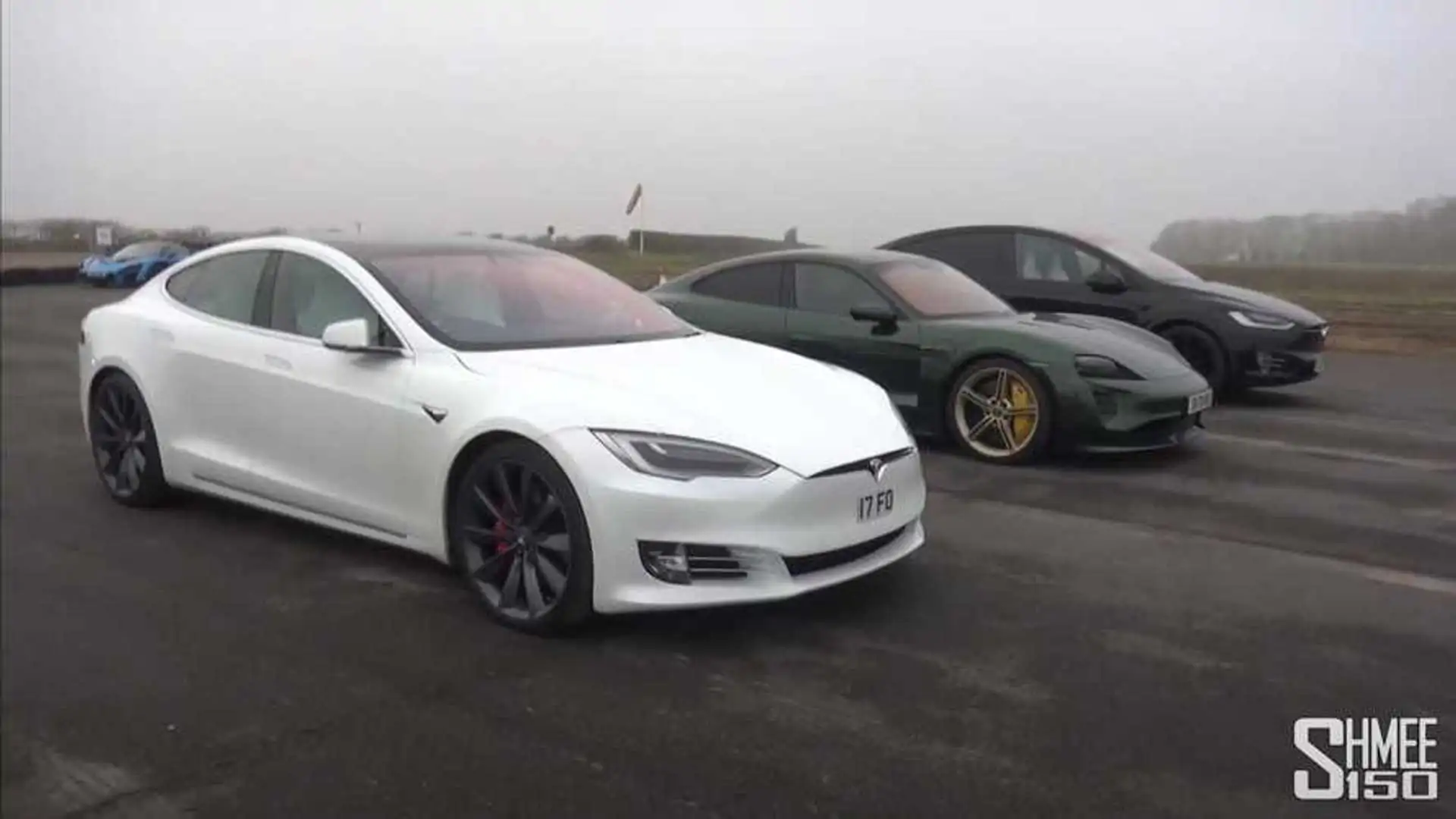 Porsche Taycan Turbo S Race Tesla Model S with Cheetah Stance