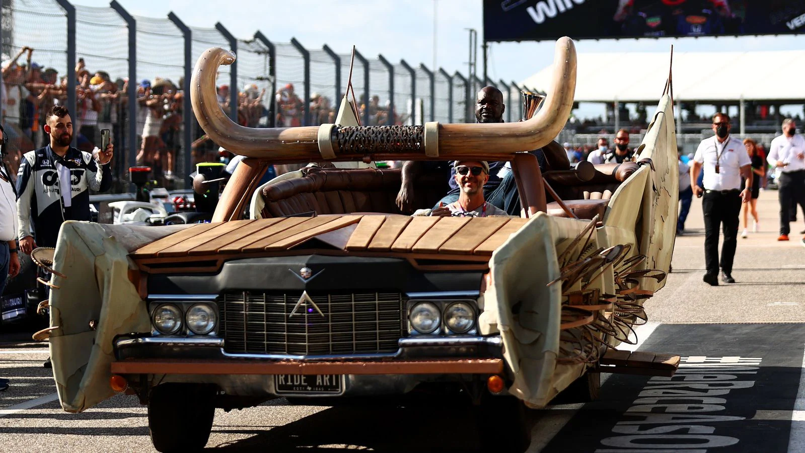 Shaq arrived at the US Grand Prix in a Crazy Custom Cadillac with Horns