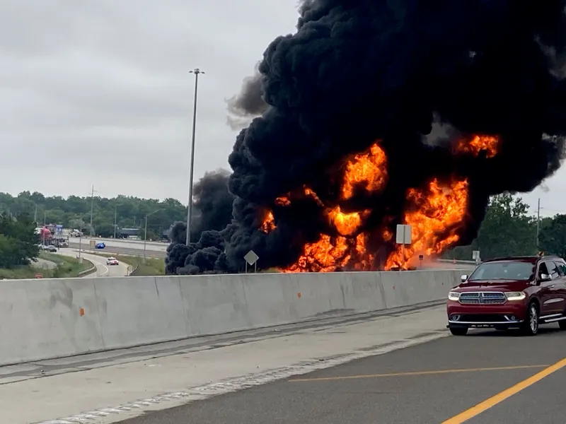 Fuel tanker explodes after hitting the Detroit Freeway's Median Wall