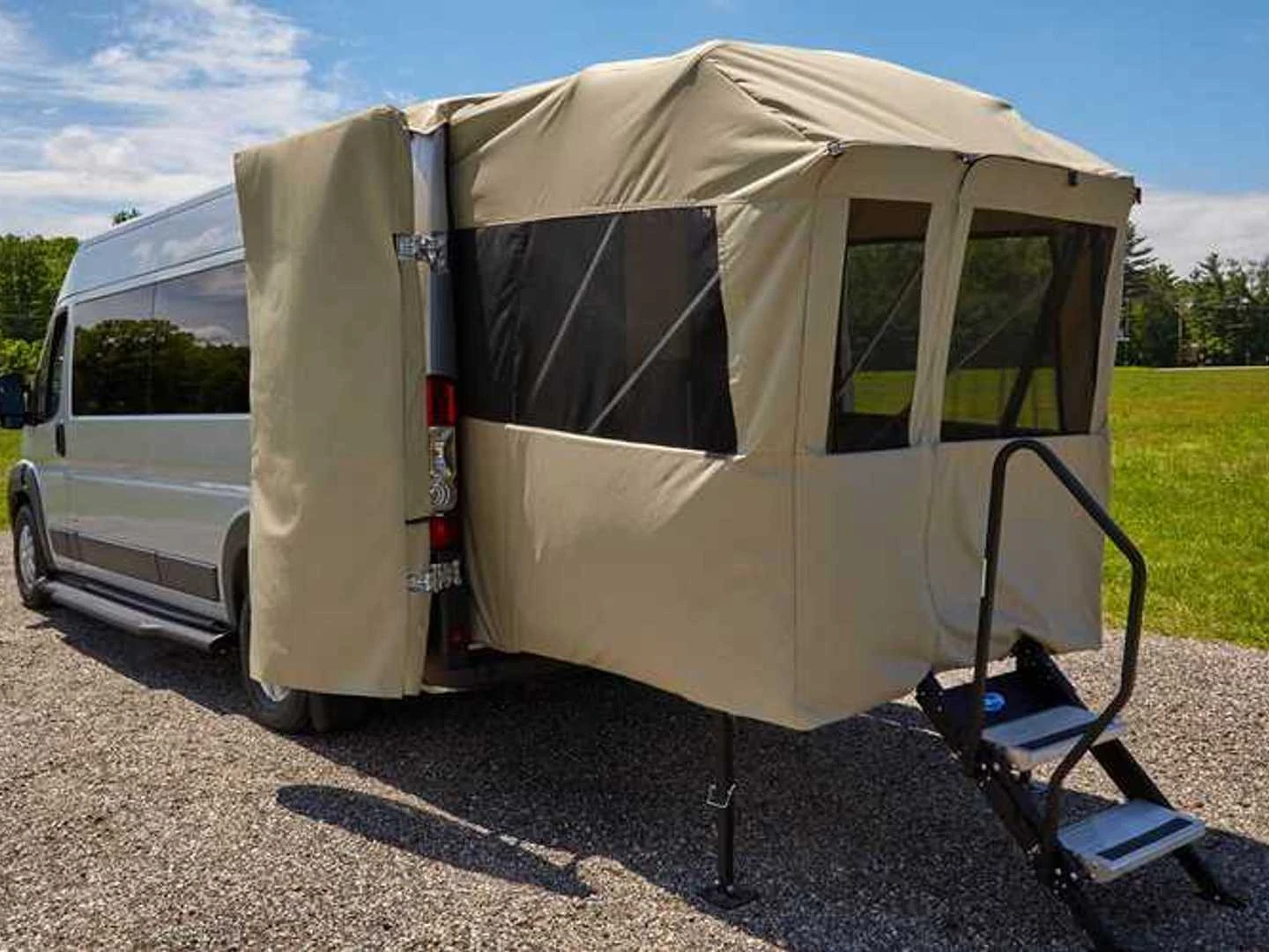 The Embassy Traveler Sport Camper van expands in size with a rear-mounted porch