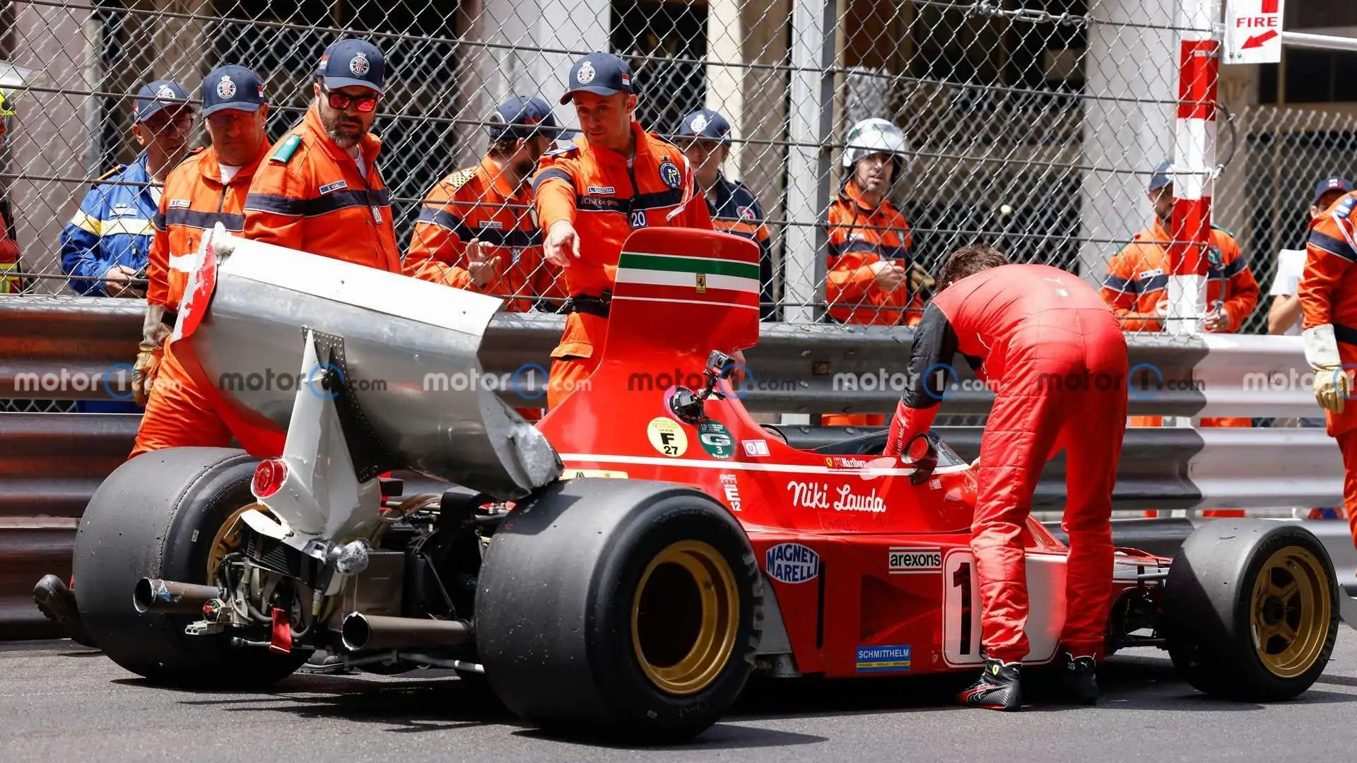 After a brake failure, Charles Leclerc crashes the Ferrari F1 car of Ex-Niki Lauda