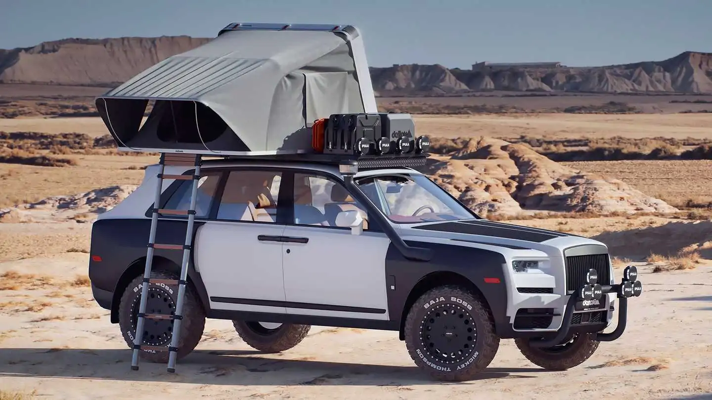 Lifted Rolls-Royce Cullinan Overlander Has Roof-Top Tent And A Snorkel