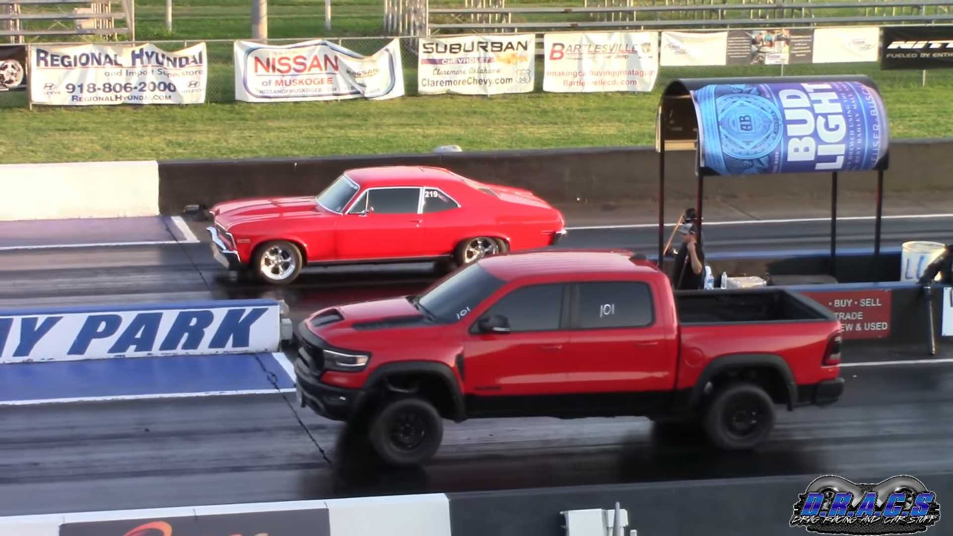 Four Slicks Face Ram TRX Classic Chevy Nova in Close Drag Race