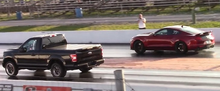 Supercharged Ford F-150 Surprises GT500 Camaro ZL1 at Drag Strip