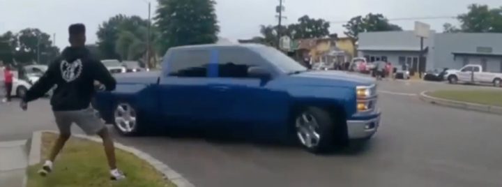 Chevy Silverado Driver Trys Drifting, But Immediately Crashes Into Curb