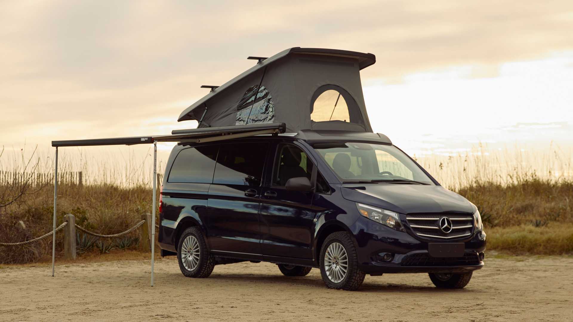 Mercedes Metris Getaway is a camper-friendly with a pop-up roof tent