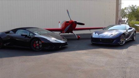 Lamborghini Huracan evo and Ferrari 812 race a stunt plane