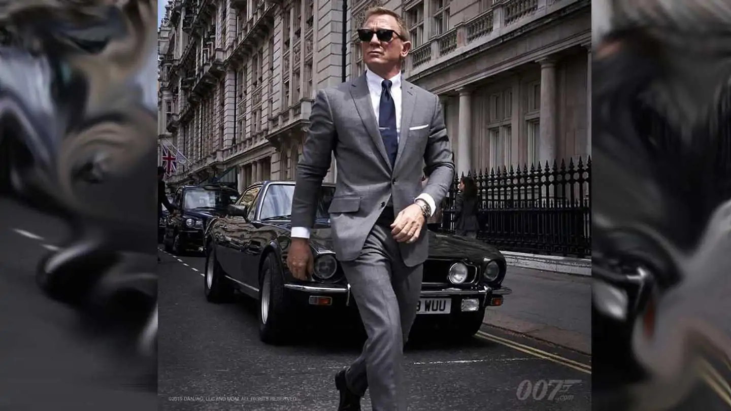 James Bond shows off his suave Aston Martin V8 Vantage