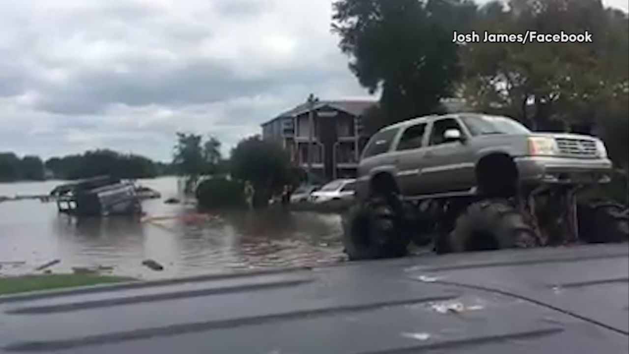 Check out these trucks that were lifted during Harvey in Texas