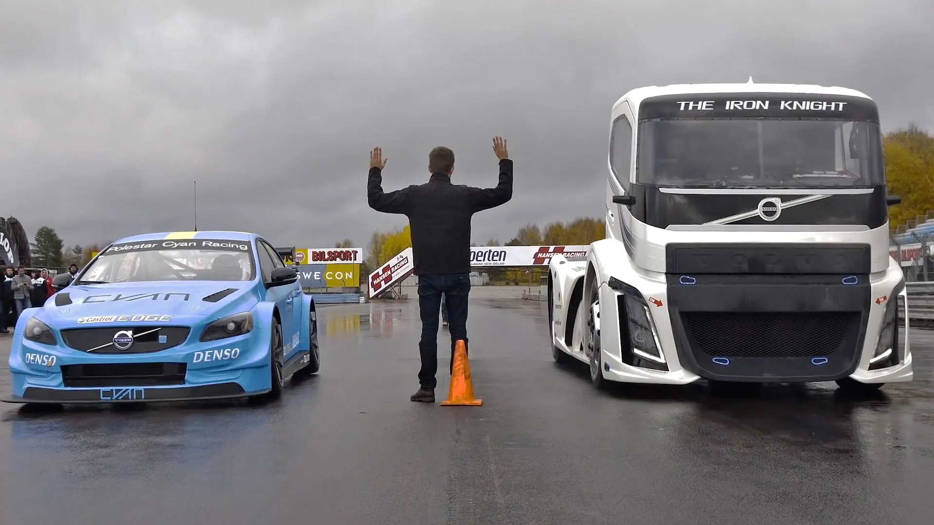 Volvo's semi-truck with 2,400 horsepower and S60 Polestar racecar go head-tohead