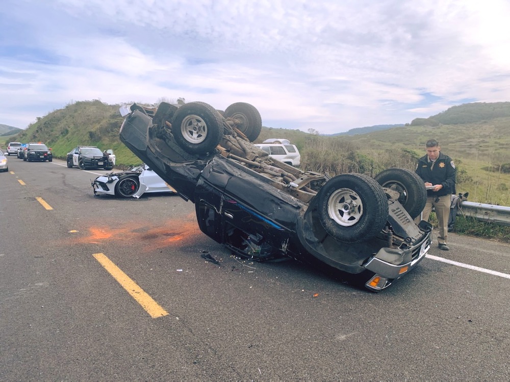 Chevy Corvette C8 flips Toyota Pickup on to Its Roof in Big Crash