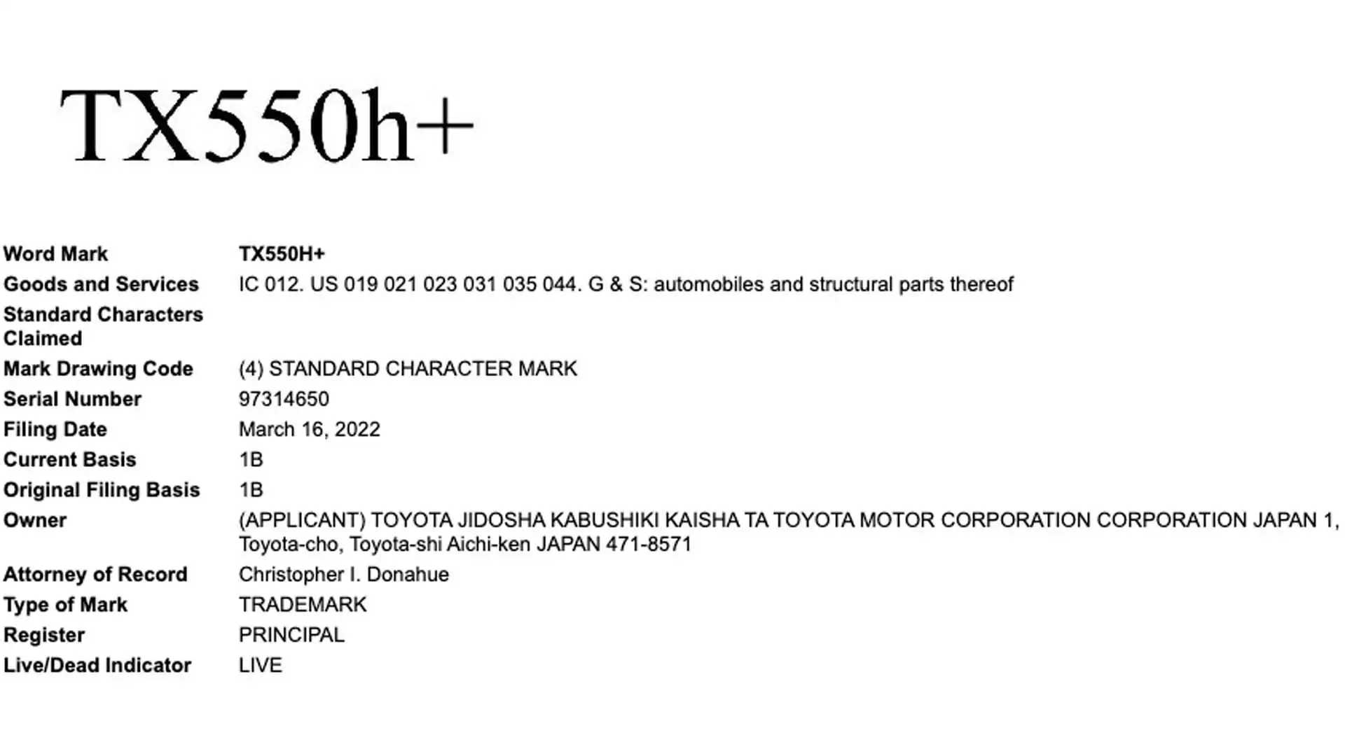 Toyota TX550h+ Trademark Submission Hints Lexus TX-PHEV